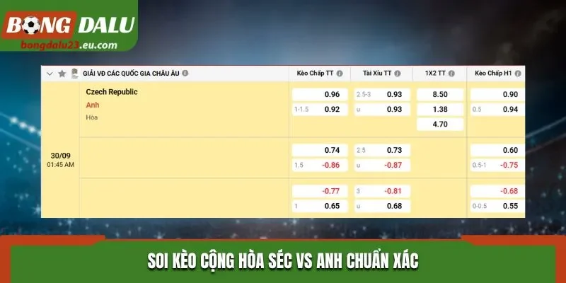 Soi kèo Cộng hòa Séc vs Anh chuẩn xác qua bảng tỷ lệ kèo